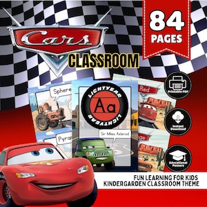 May include: A Cars classroom educational poster set featuring 84 pages of printable PDF content. The design includes a checkered flag background, the Cars logo, and various character illustrations like Sir Miles Axlerod and Lightning McQueen.