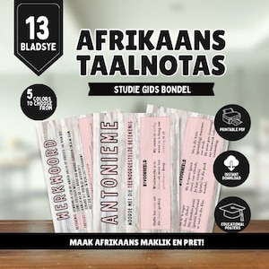 May include: A stack of Afrikaans language study guides with pink accents and text. The guides feature the title "Afrikaans Taalnnotas" and include the phrases "Werkwoord", "Antonieme", and "Byvoorbeeld". The image also includes the text "Maak Afrikaans Maklik en Pret!"