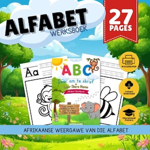 Puede incluir: Un libro de ejercicios del alfabeto de 27 páginas con actividades de caligrafía e ilustraciones de animales. La portada muestra el texto ABC, Leer om te skryf, Leer Diere Name y Alfabet Werkboek, junto a un mono, un elefante y una abeja.
