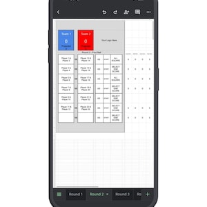 May include: A smartphone displays a score sheet for a game, with sections for Team 1 and Team 2, showing scores of 0. The screen includes fields for player names and game details, with buttons for start and end scores. The phone is black.