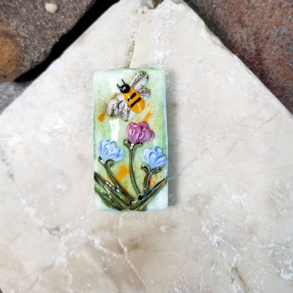 Floral Art Glass Focal Pendant Bead Handcrafted Spring Bee by Grace Lampwork Beads, Jewerly Making Component Supplies, Glamour Puss Beads