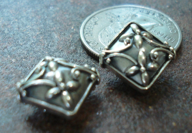 pkg of 2 Sterling Silver Bali Ornate Floral Diamond Beads 15 x 8 mm Oxidized
