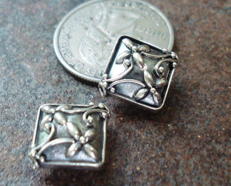 pkg of 2 Sterling Silver Bali Ornate Floral Diamond Beads 15 x 8 mm Oxidized