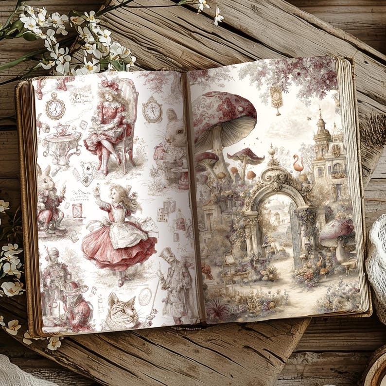 Alice in Wonderland Red Toile Journal Pages, Vintage Ephemera, Collage ...