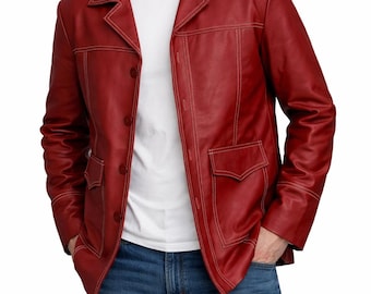 Handmade Tyler Durden Fight Club Red Jacket Brad Pitt Cosplay Leather Outfit