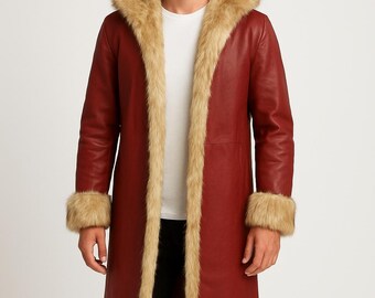 Handmade Men Red Santa Cosplay Leather Coat