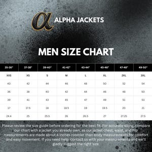 May include: A size chart for Alpha Jackets, featuring measurements for men's jackets. The chart includes body chest, jacket size, jacket chest, waist, hip, shoulder, and sleeve measurements in inches. The text advises comparing the chart to a jacket you own.