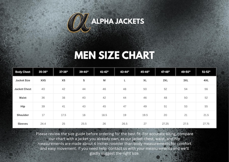 May include: A size chart for Alpha Jackets, featuring measurements for men's jackets. The chart includes body chest, jacket size, jacket chest, waist, hip, shoulder, and sleeve measurements in inches. The text advises comparing the chart to a jacket you own.
