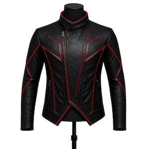 May include: Black leather jacket with red accent lines and a stand-up collar. The jacket features a diagonal zipper and red trim along the seams. The jacket is displayed on a mannequin.