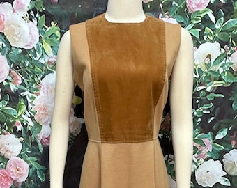 60s Camel Wool Knit Brown Suede Dress Fall Dress