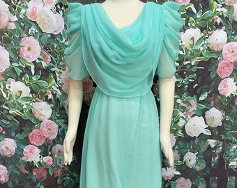 70s Mint Green Chiffon Maxi Dress Draped Neckline