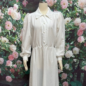 May include: A white long-sleeved dress with a white embroidered collar and a white button-up front. The dress has a fitted bodice and a flowing skirt. The dress is on a mannequin against a backdrop of pink roses.