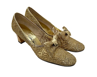 60s Gold Lurex Lace Bow Pumps by Tempos Size 7