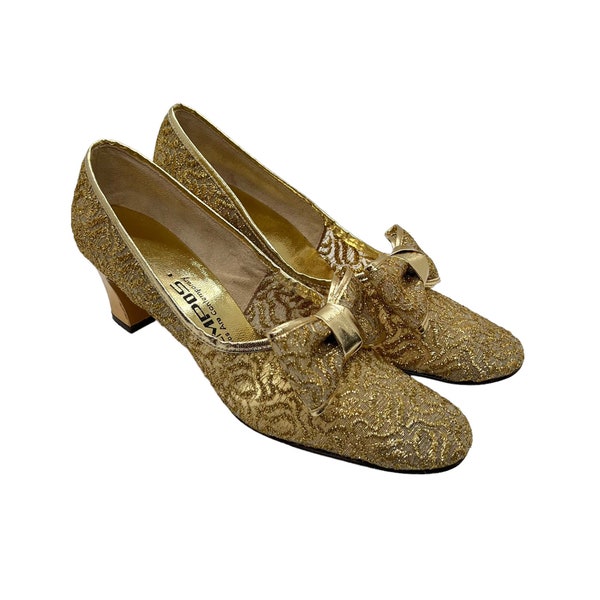 60s Gold Lurex Lace Bow Pumps by Tempos Size 7