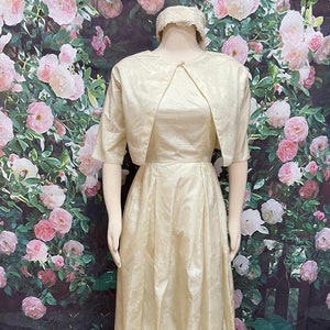 60s Ivory Floral Satin Wedding Gown Jacket Hat XS