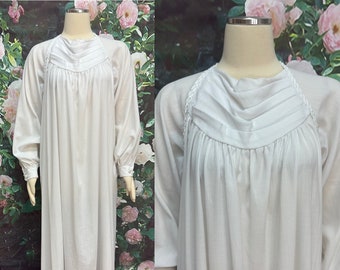 70s Le Voys White Rayon Maxi Dress Draped Neckline
