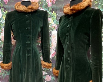 60s Green Velvet Princess Coat Mink Collar Cuffs