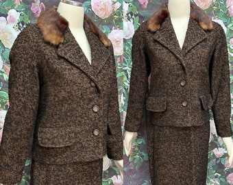 40s Brown Wool Boucle Skirt Suit Mink Collar