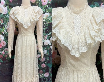 70s Candi Jones Cream Lace Victorian Maxi Dress