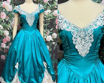 80s Zum Zum Peacock Blue Satin Southern Belle Dress