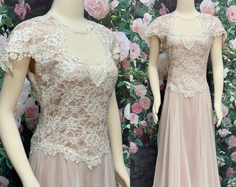 80s Susan Lane Country Elegance Blush Pink Dress Lace Chiffon Bridal