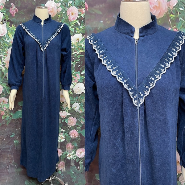 70s JC Penneys Blue Flannel Zip Front Robe