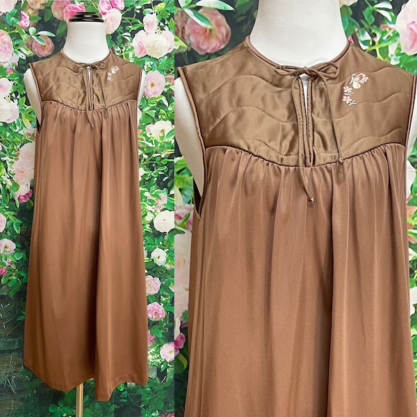 70s JC Penney Chocolate Brown Nightgown Quilted Top Small