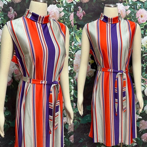 70s Red Purple Stripe Polyester Shift Dress