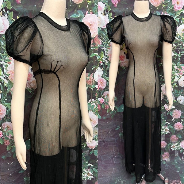 30s Sheer Black Net Maxi Dress XS