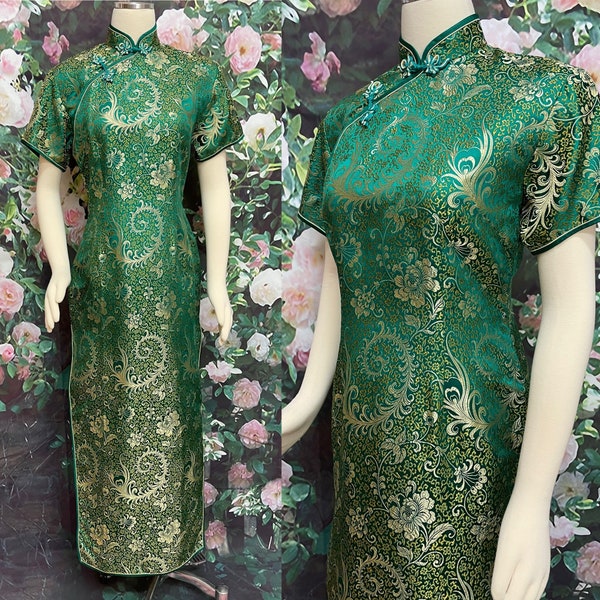 80s Green Silk Brocade Cheongsam Dress Gold Floral Qipao
