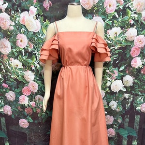 70s Peach Taffeta Formal Maxi Dress Tiered Sleeves Prom Dress