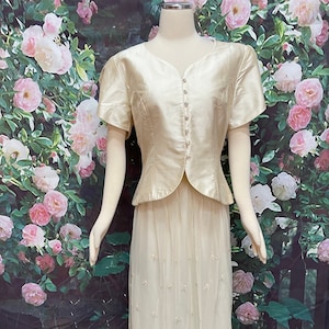 80s Lanz Creme Silk Jacket Tulle Embroidered Pastel Flowers Skirt Large