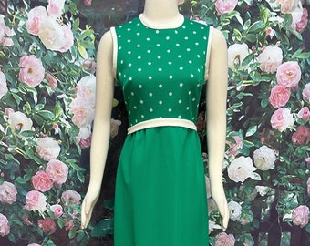 60s Green Polka Dot Maxi Dress Polyester Knit