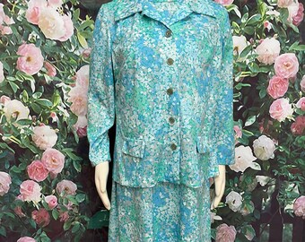 70s Blue Floral Shift Dress Jacket XL Plus Size Vintage