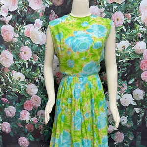60s Fritzi California Green Blue Floral Dress Fit Flare Large