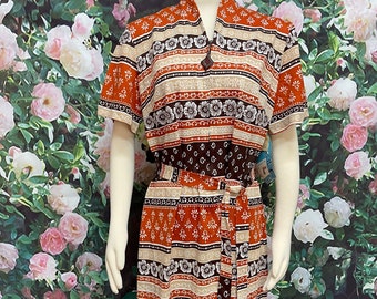 Robe droite zippée à rayures oranges Années 70 Deadstock XL Crescendo