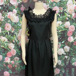50s Black Twill Cocktail Dress Lace Collar Homemade