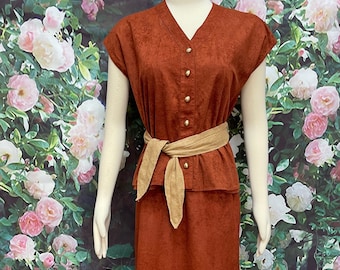 70s Rust Brown Faux Suede Skirt Belted Tunic Top