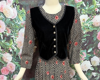 80s Oliva Rose Petite Black Floral Maxi Dress Velvet Vest Cottagecore