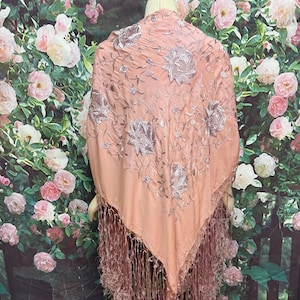 20s Pink Silk Fringe Floral Piano Shawl Embroidered Flowers XL