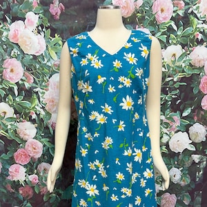 70s Blue Daisy Shift Dress White Flower Sundress