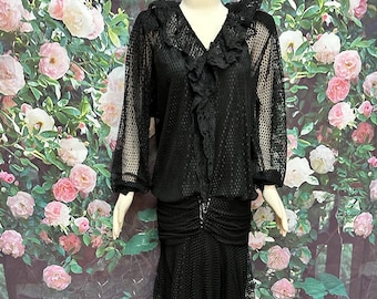 80s Pat Richards Black Net Cocktail Dress 20s Style