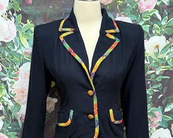 80s Navy Blue Fitted Jacket Rainbow Plaid Small