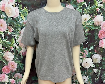 Pull chemisier en maille lurex argenté années 70 Lilly of California Large