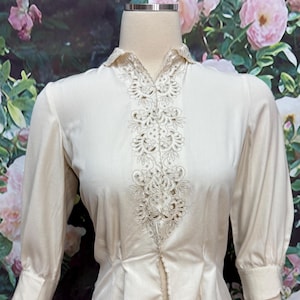 50s Crème Nipped Waist Blouse Cutout Lace