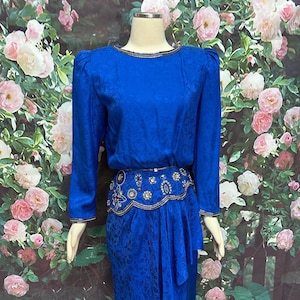 80s I. Magnin Blue Silk Formal Dress Beaded Sequins
