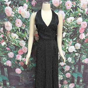 70s Black Polka Dot Halter Maxi Dress
