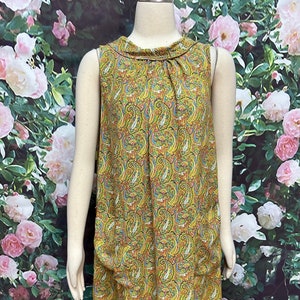 60s Gold Paisley Swing Dress with Pockets Cowl Neck