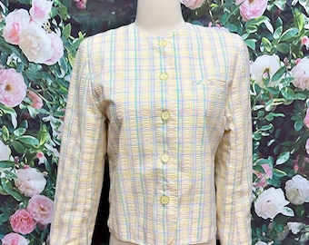 80s Yellow Seersucker Plaid Jacket Medium Blazer