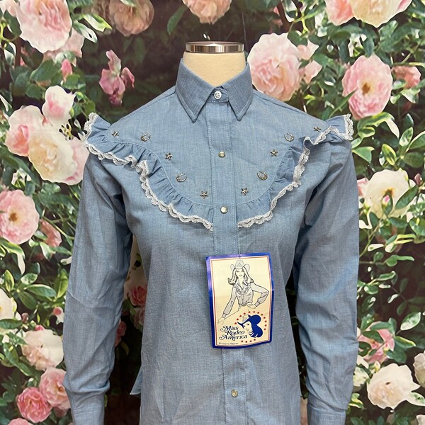 80s Miss Rodeo America Denim Blue Studded Western Shirt NOS